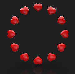 Kreis der roten 3D Herzen vor schwarzem Hintergrund 1