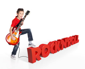 Boy plays on electric guitar with 3d text
