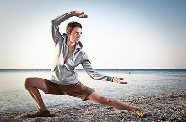 Young attractive man making Thai-chi movements