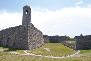 Tower, walls and field of an old fort, St. Augustine, FL.