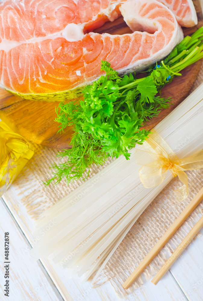 Poster raw rice noodles and raw salmon