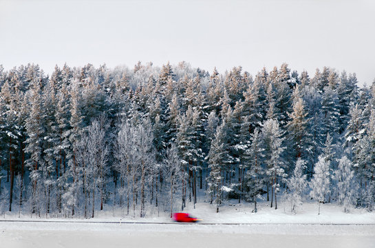 Fototapeta Red van on rural road