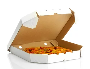 Printed kitchen splashbacks Pizzeria Tasty pizza in box isolated on white