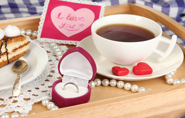 Breakfast in bed on Valentine's Day close-up