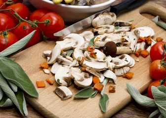 mixed mushrooms and tomatoes