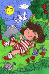 Little girl on a swing in springtime. Hand made illustration.