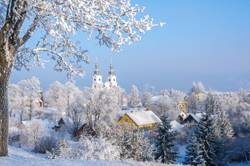 Cold winter. Frosted town in Lithuania. Zemaiciu Kalvarija - obrazy, fototapety, plakaty