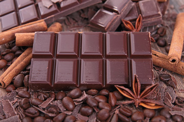close up on chocolate bar and spices