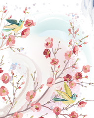 Spring card  with singing birds on branches of a blossoming tree - 48888824