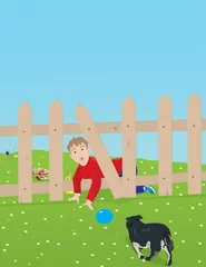 Stof per meter Jongen en hond spelen in de achtertuin © ljubinkaf
