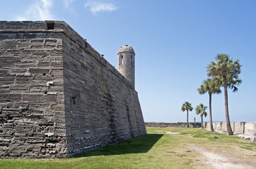 Tower, walls and field of an old fort, St. Augustine, FL.