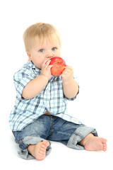 Little boy with red apple, isolated on white