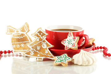 Christmas treats with cup of coffe isolated on white