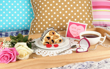 Breakfast in bed on Valentine's Day close-up