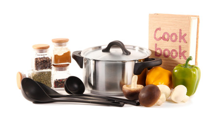 composition of kitchen tools,spices and vegetables isolated