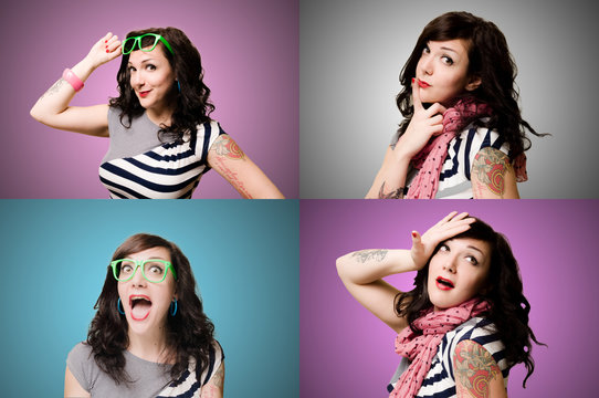 set of pinup tattooed girl wth different expressions