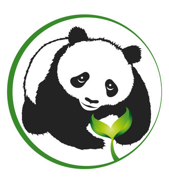 silhouette panda and green sprout, eco emblem