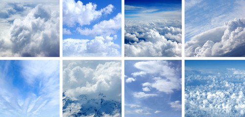 A collage of images with the blue sky and white clouds