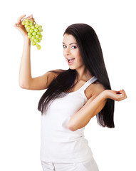 woman with green grape and long hair