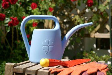 Fototapeta Gardening  - watering can, shovel, gloves obraz