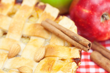 apple pie, apples, cinnamon and almonds on plaid fabric