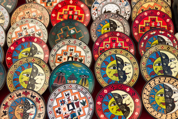 Colorful Handcrafted dishes, at market in Peru