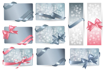 Set of beautiful Gift cards with color gift bows with ribbons.