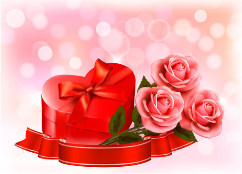 Valentine`s day background. Three red roses with red heart-shape