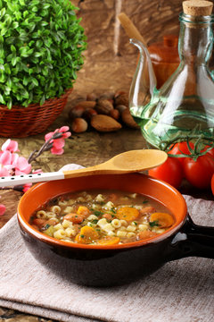 Bean soup in earthenware bowl