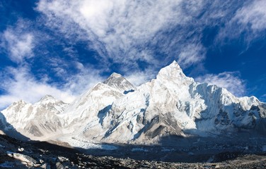 panoramic view of Mount Everest with sky and Khumbu Glacier