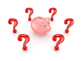 Red query marks around pink piggy bank.