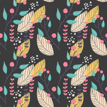 Berries On Dark Pattern. Floral Backround