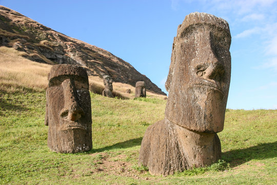 Several moai at Rano Raraku quarry on Easter Island