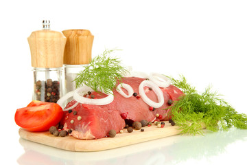 Raw beef meat marinated with herbs and spices isolated on white