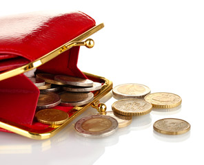 female red wallet with coins isolated on white