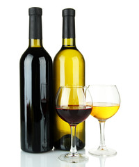 bottle of wine and glasses isolated on white