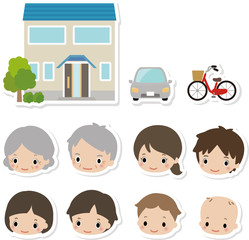 3世代の家族と家と車と自転車