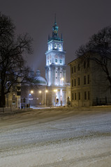 Winter cityscape at the night - Assumption Church in Lvov