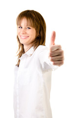 woman showing thumbs up