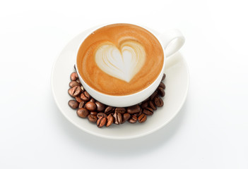 latte art and coffee beans, isolate on white