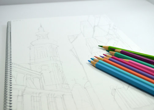 Buildings pencil sketch with color pencils