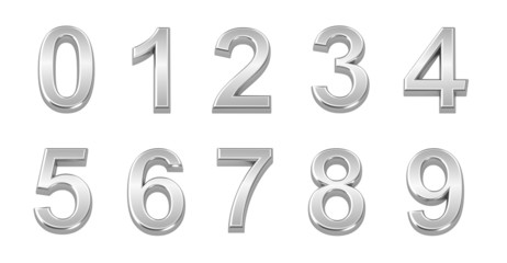 3D chrome numbers set from 0 to 9