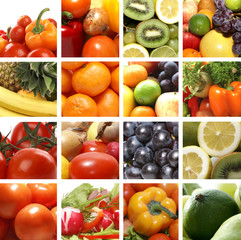 A collage of images with fresh fruits and vegetables