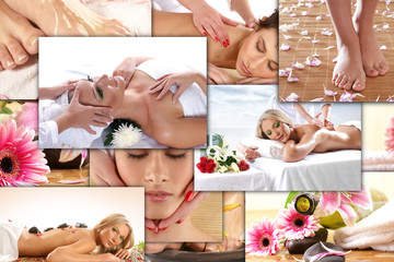 A collage of spa images with young women on massage