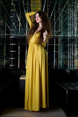 Obraz premium Brunette woman in long dress - night club interior