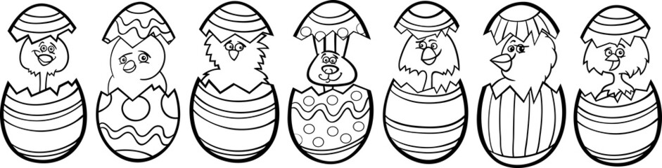 Naklejka premium chickens in easter eggs cartoon for coloring