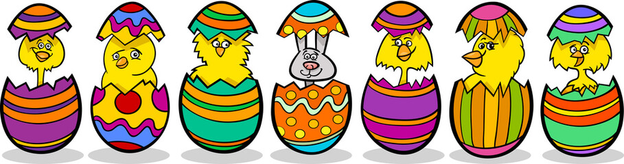 Obraz premium chickens in easter eggs cartoon illustration