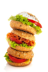 Fresh bagels with cheese and fish