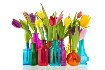 Colorful tulips in glass vases