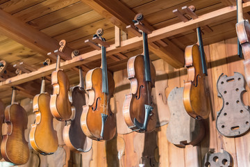 new and old violins in workshop